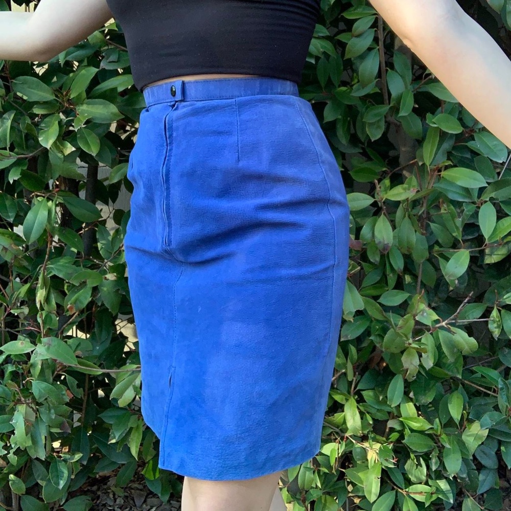 Vintage 80s Blue Suede Pencil Skirt with Purple Lining